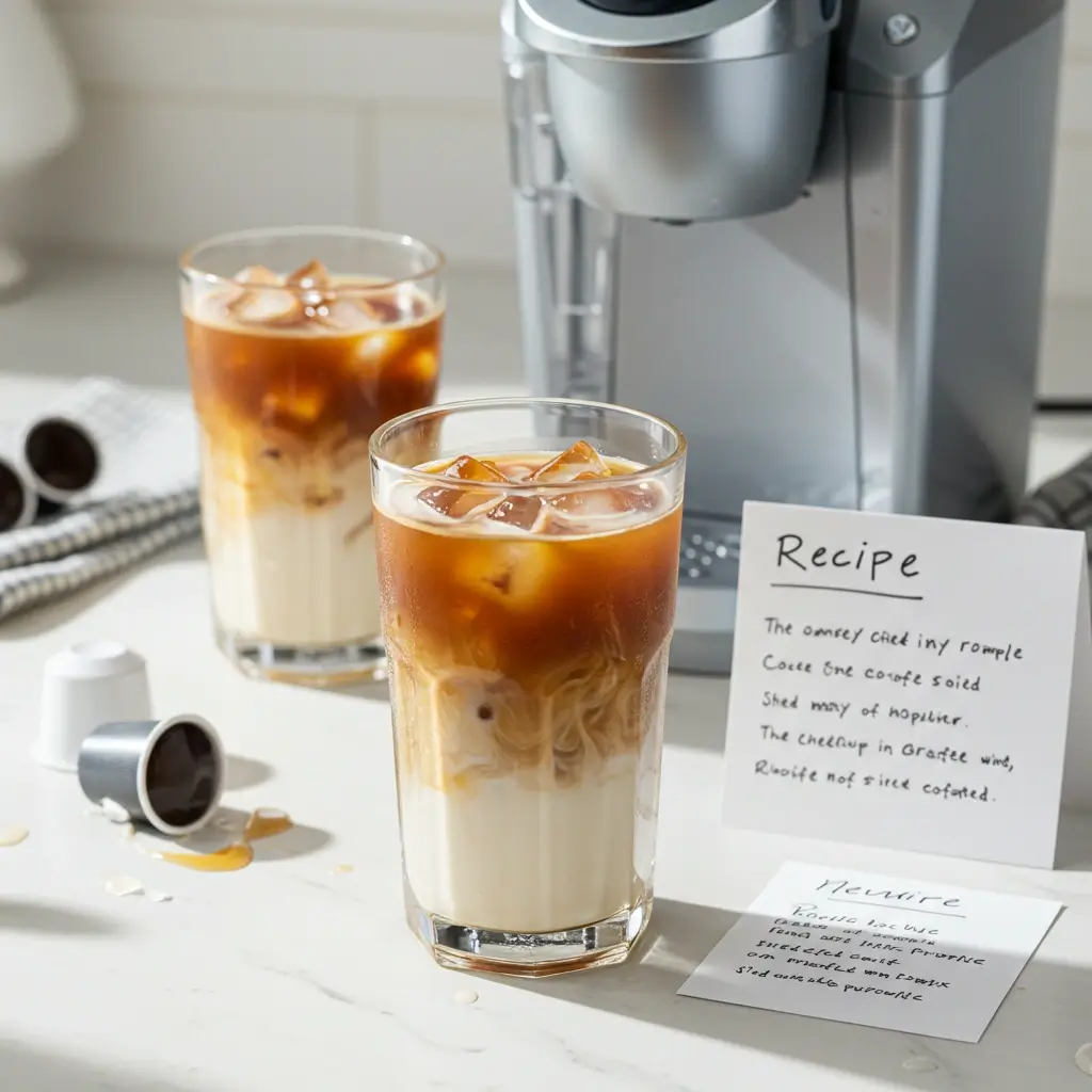 Glass of DIY Keurig iced coffee with caramel drizzle next to brewing machine and coffee pods.