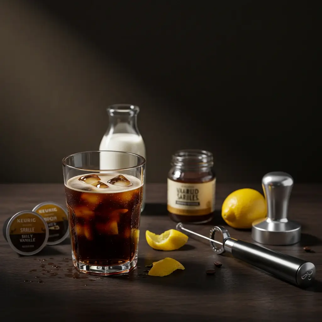 Glass of Keurig iced coffee with cream, surrounded by coffee pods, syrups, frother, and espresso tamper on wooden counter.