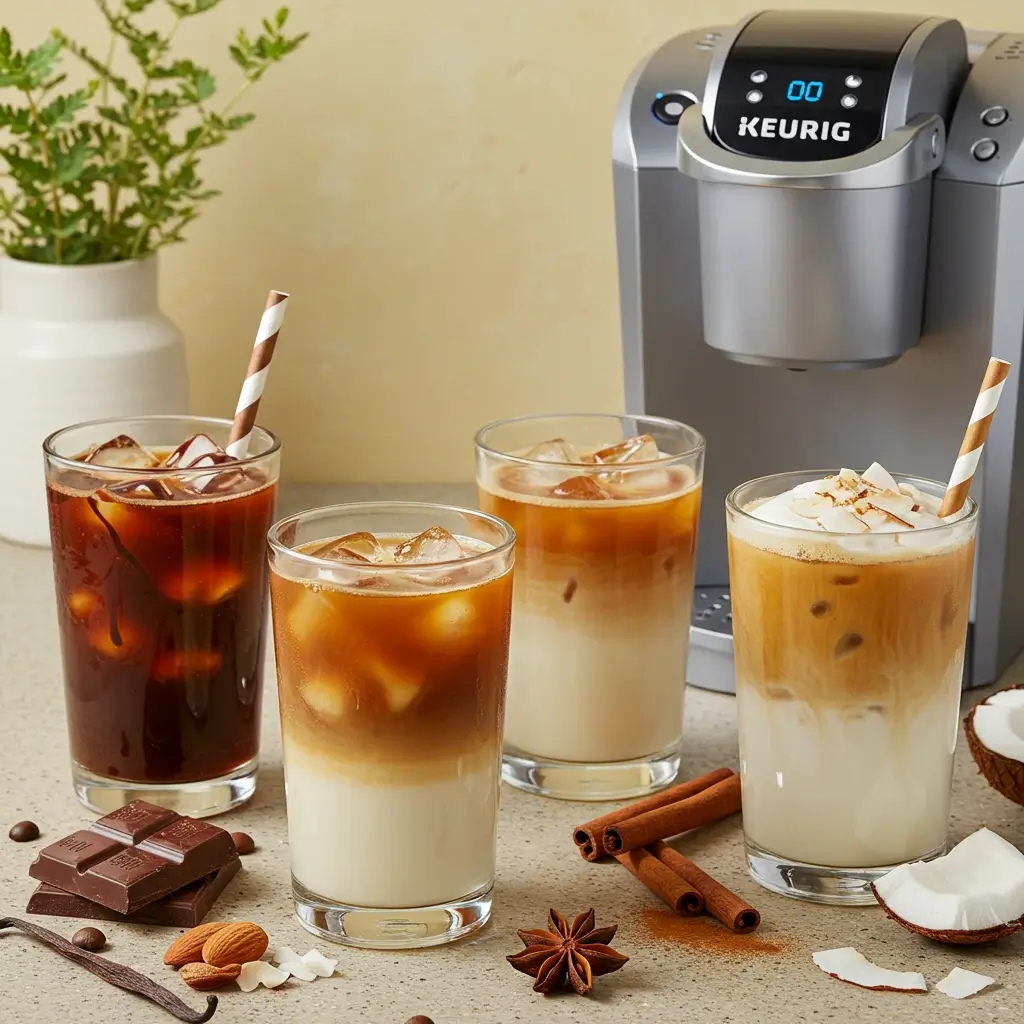 Flat lay of four Keurig iced coffee variations with signature ingredients and Keurig machine.