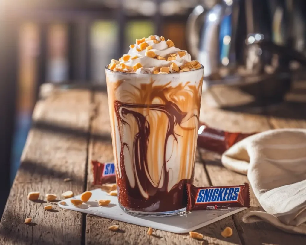 Snickers-inspired iced coffee in a tall glass with chocolate, caramel, peanuts, and whipped cream.