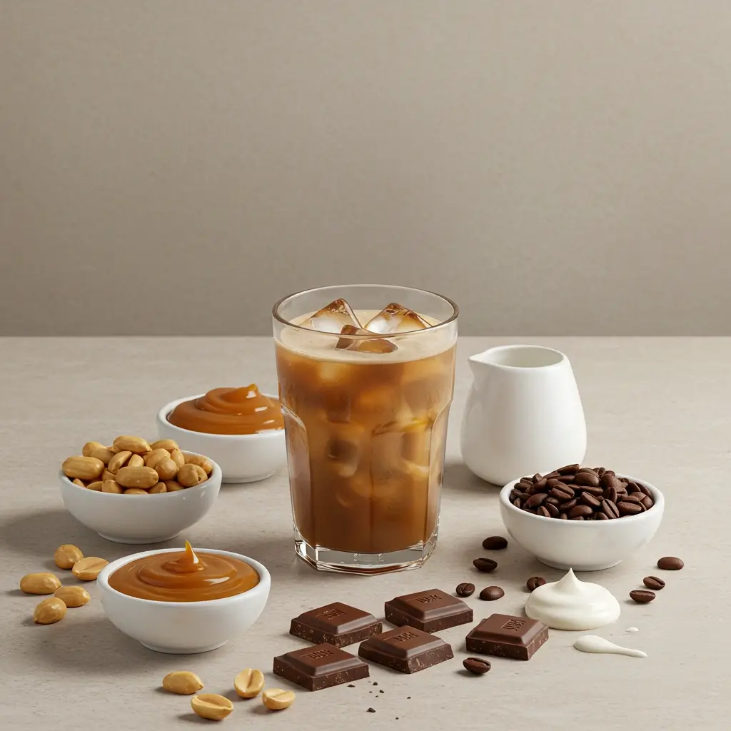 Deconstructed Snickers iced coffee with bowls of peanuts, caramel, chocolate, cream, and espresso beans.