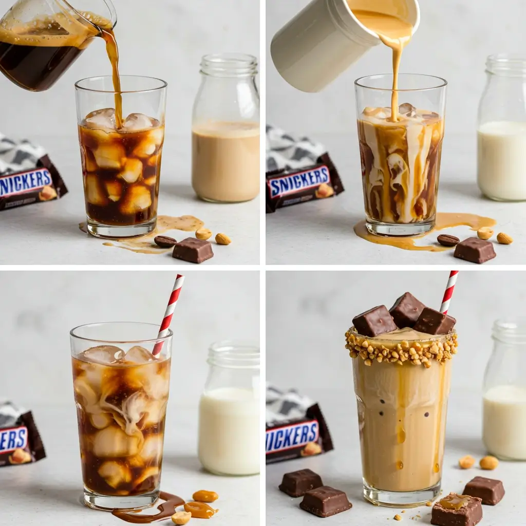Four-step Snickers iced coffee recipe process with espresso, syrup drizzle, milk, and toppings.
