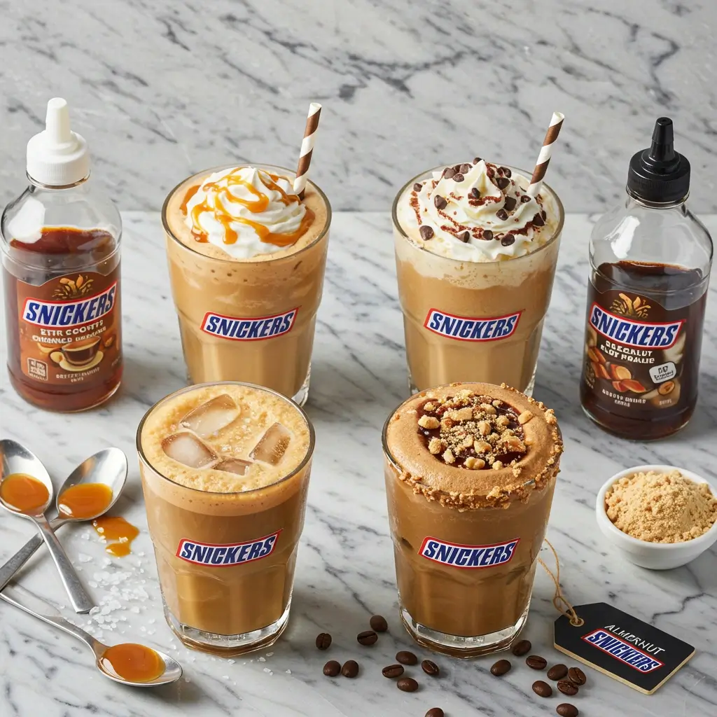 Flat lay of four Snickers iced coffee variations in clear glasses with labels and toppings, surrounded by syrup bottles and espresso beans on a marble countertop.