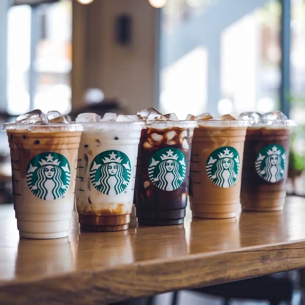 Five Starbucks iced coffee cups showing low calorie drinks on a wooden table in café setting