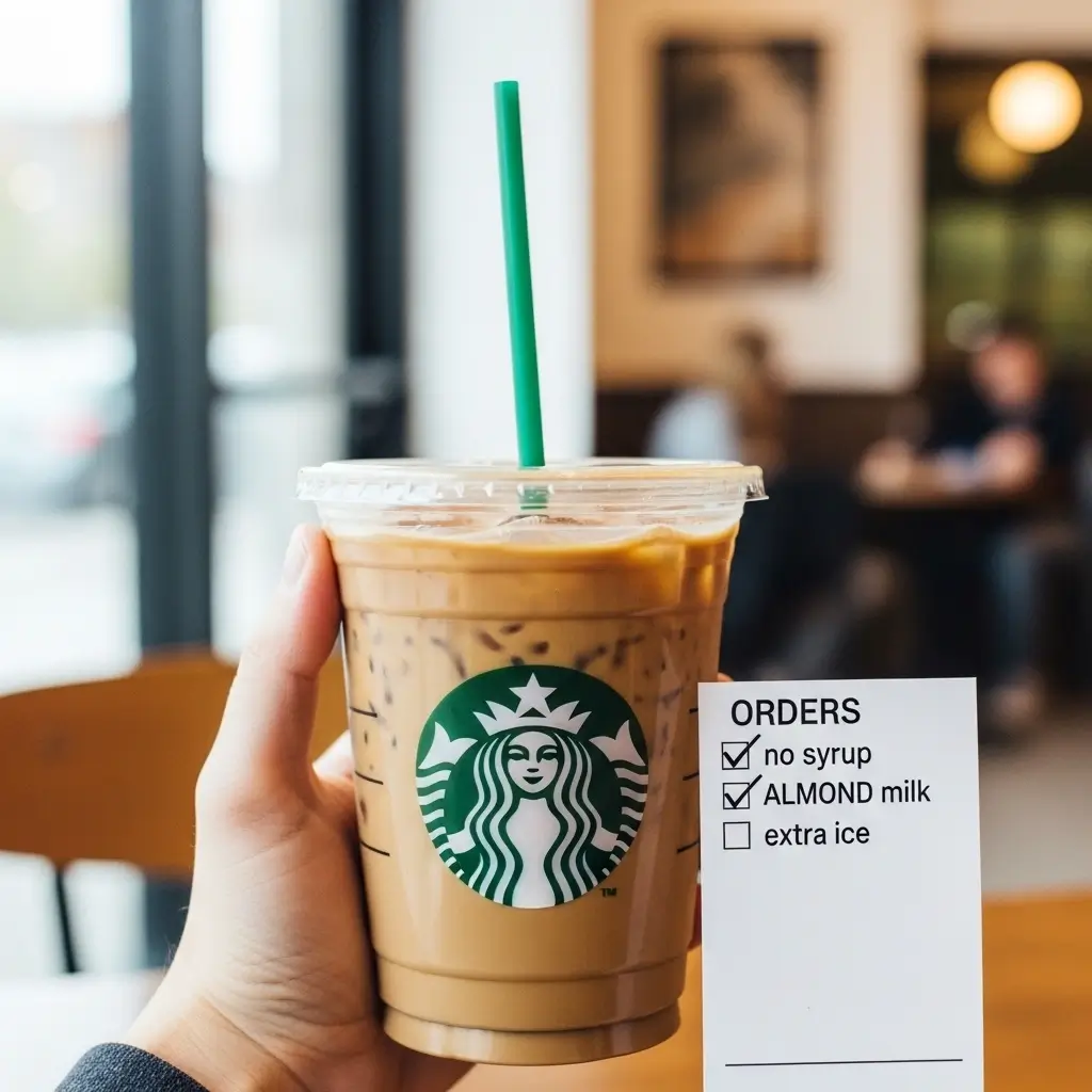 Hand holding Starbucks iced coffee with visible logo and order checklist for customizing low-calorie options