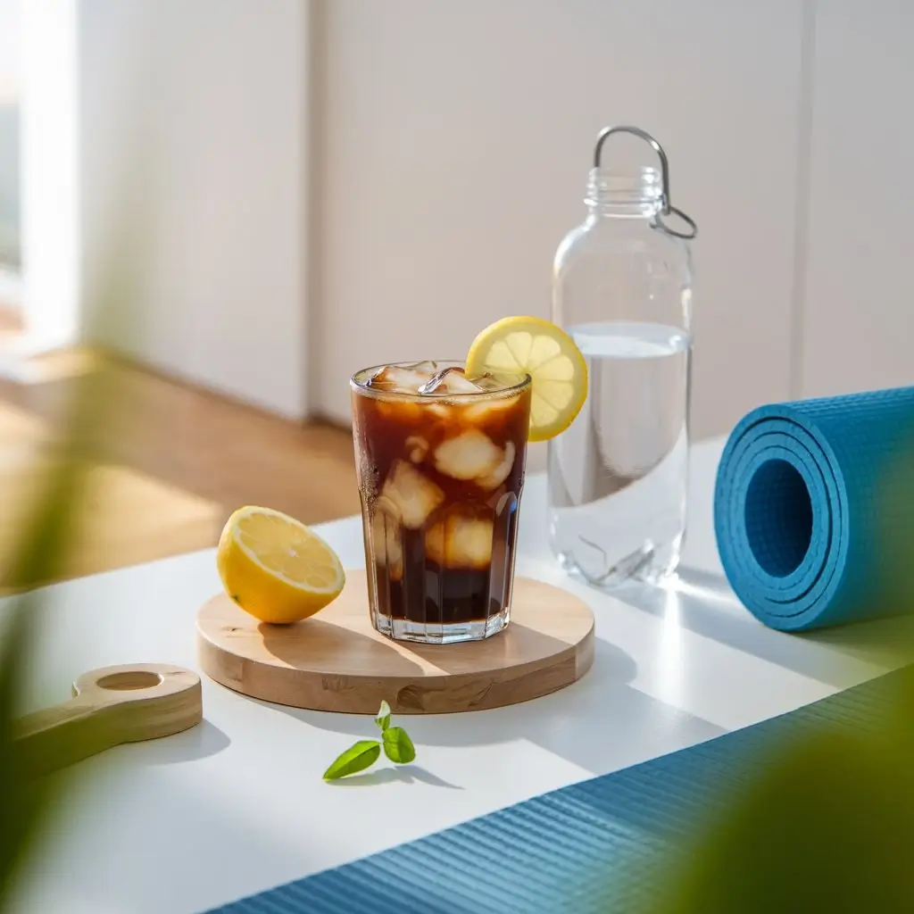 Glass of low-calorie iced coffee with lemon garnish next to fitness accessories in a bright kitchen
