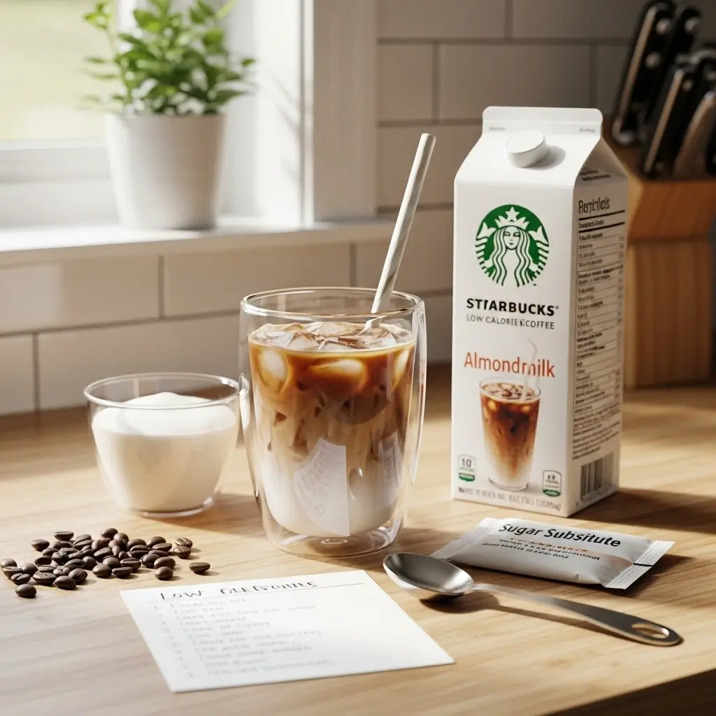 At-home ingredients and setup for making low-calorie Starbucks-style iced coffee on a wooden countertop