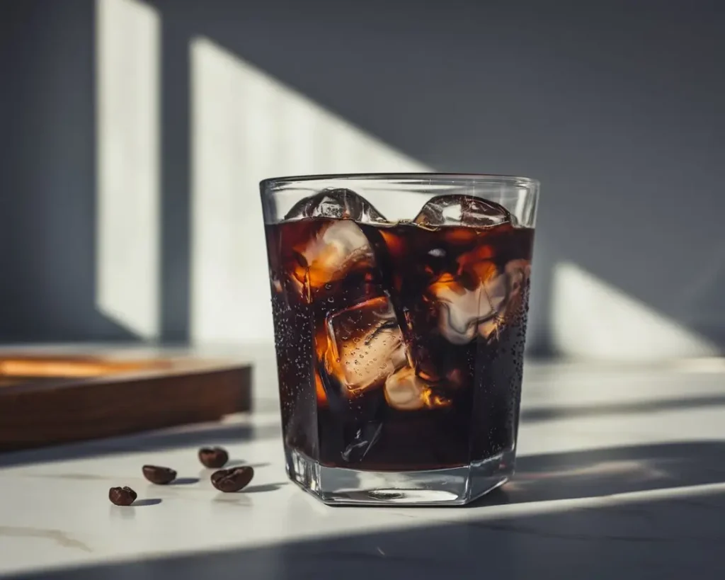 Close-up of iced black coffee in clear glass with ice cubes and coffee beans on wood surface