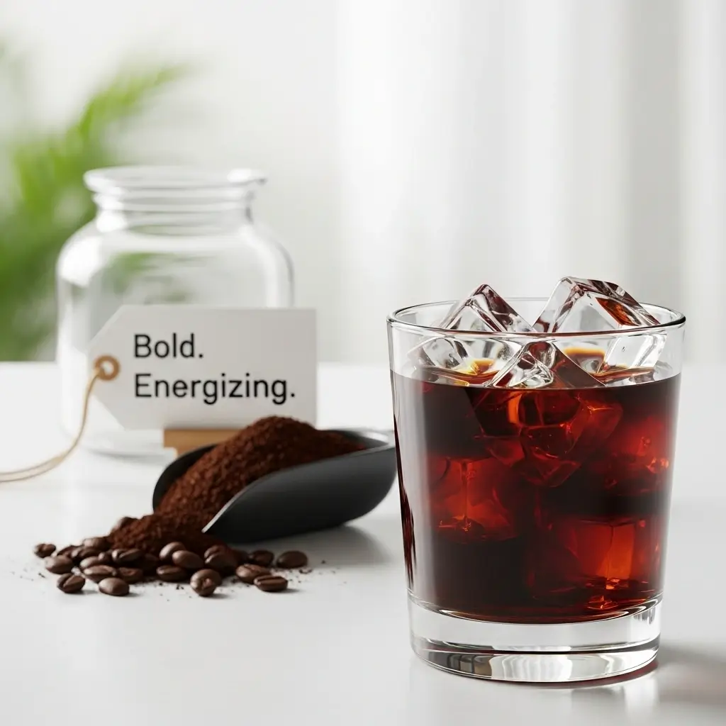 Iced black coffee in clear glass with coffee beans, grounds, and “Bold. Energizing.” sign