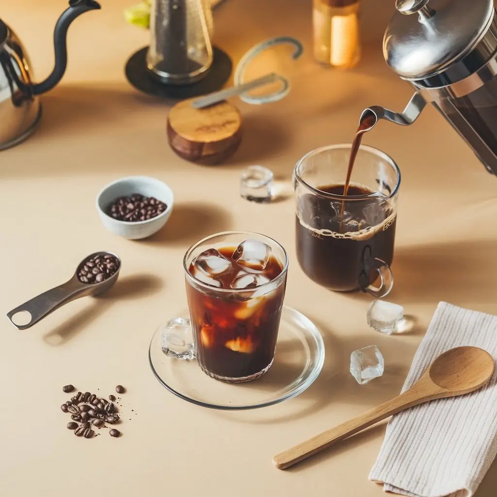 Flat lay of iced black coffee brewing steps with French press, ice, and clear glass on bright counter