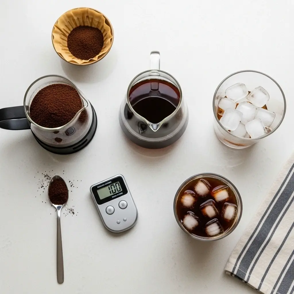 Flat lay of 4-step iced black coffee recipe with pour-over, carafe, ice, and finished drink