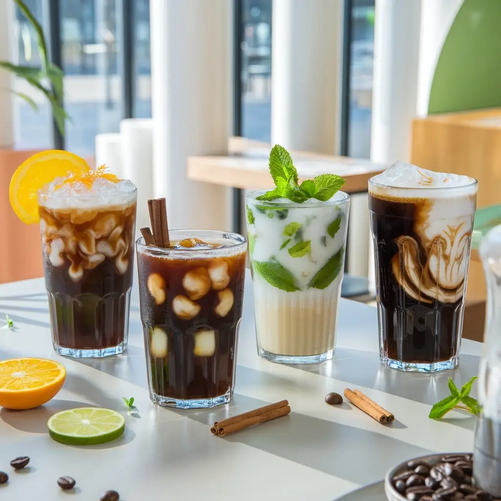 Four stylish iced black coffee variations with orange zest, cinnamon, mint, and espresso tonic