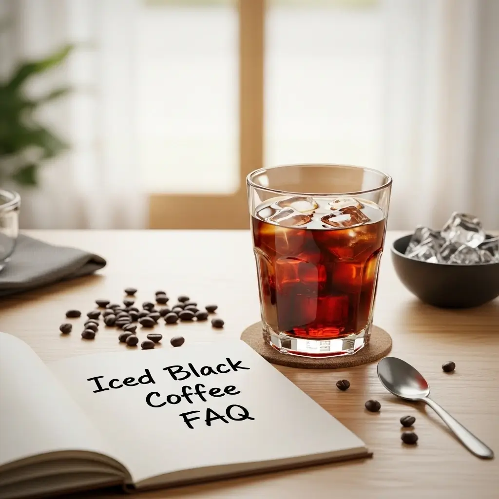 Iced black coffee glass beside open notebook titled “Iced Black Coffee FAQ” with coffee beans and ice