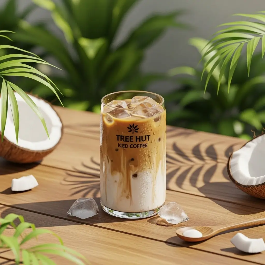 Tree Hut Iced Coffee on a wooden table surrounded by tropical plants with creamy iced coffee in a clear glass