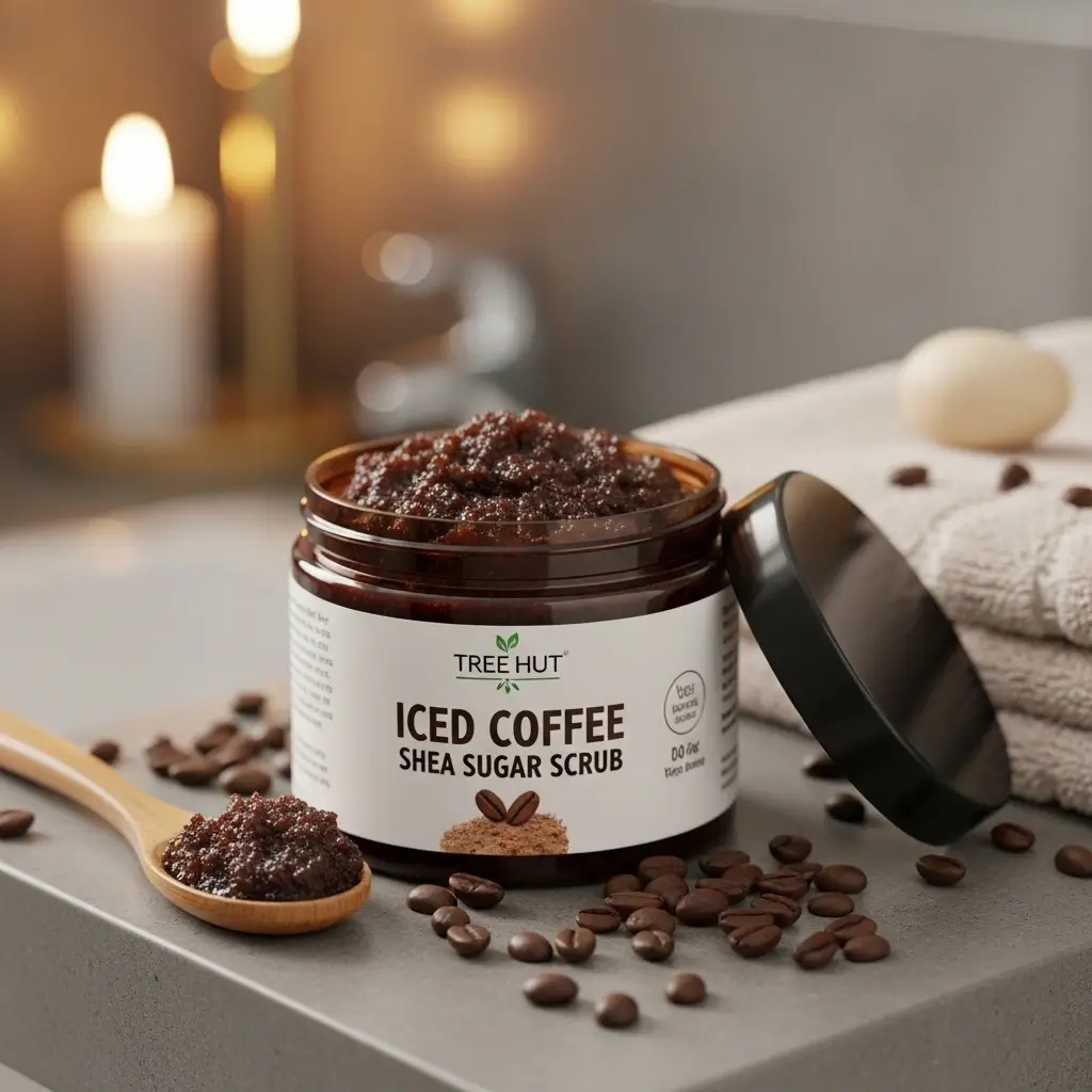 Tree Hut Iced Coffee Shea Sugar Scrub jar opened with visible textured scrub, surrounded by coffee beans and a wooden spoon on a bathroom shelf