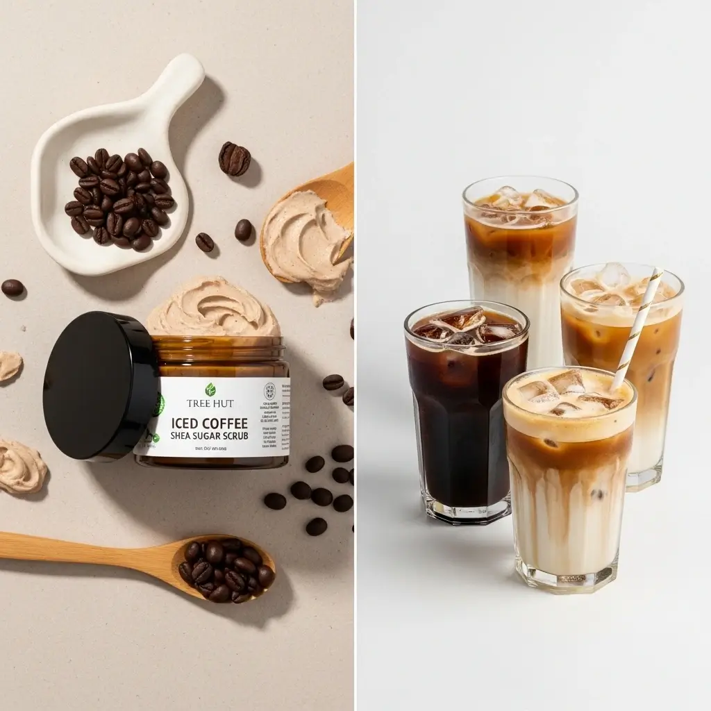 Flat lay of Tree Hut Iced Coffee Shea Sugar Scrub with coffee beans, vanilla, caramel, and coconut accents