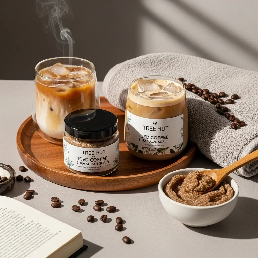 Tree Hut Iced Coffee scrub with iced coffee, wooden spoon, and spa essentials in a cozy morning setup