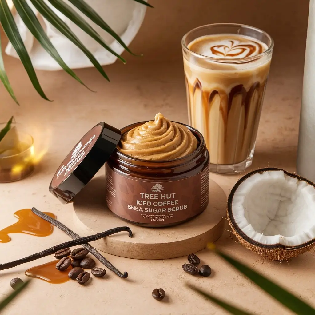 Side-by-side flat lay of Tree Hut Iced Coffee scrub and popular iced coffee drinks in clear glasses