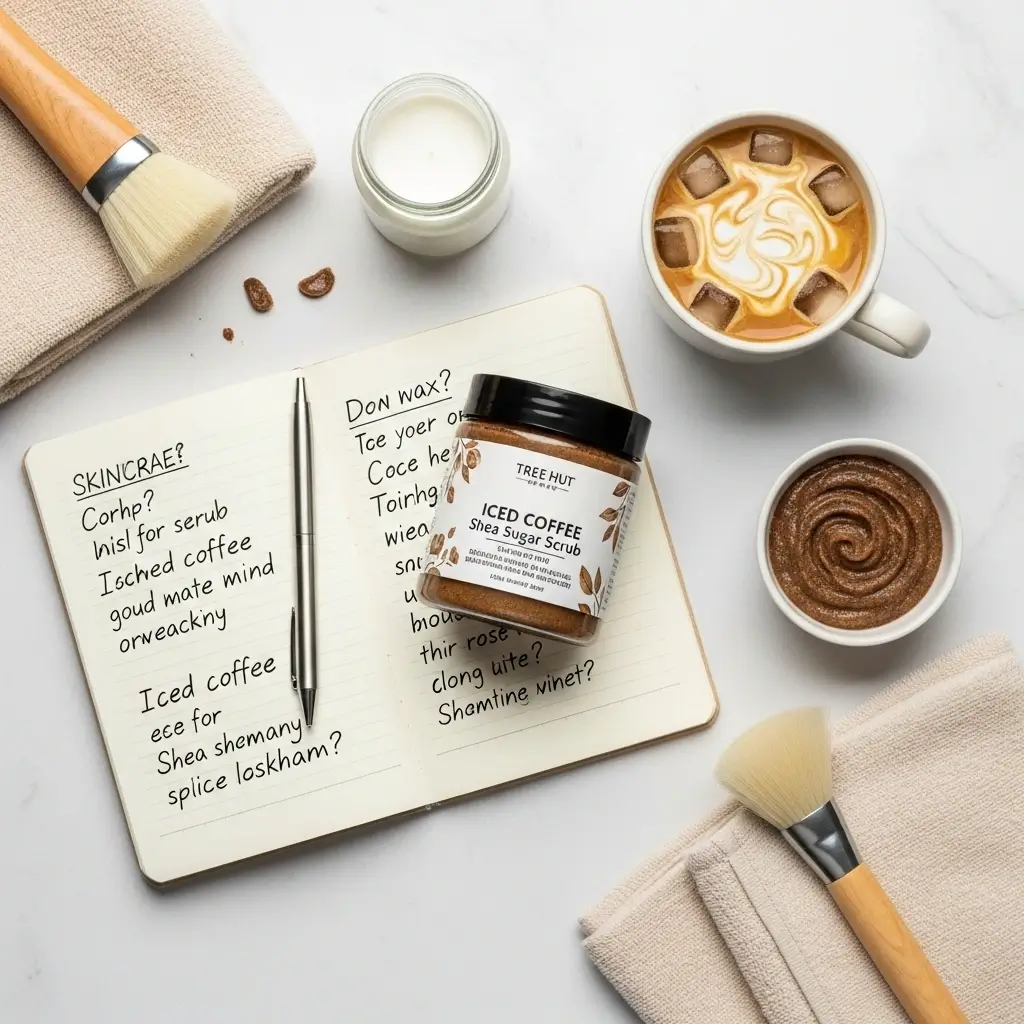 Tree Hut Iced Coffee scrub on a notepad with iced coffee and skincare items, styled as an FAQ scene
