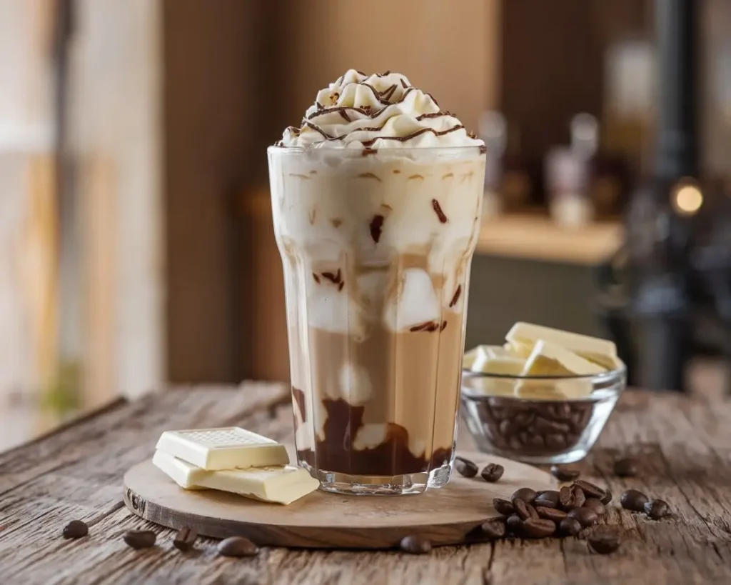 Tall glass of iced white chocolate mocha topped with whipped cream and white chocolate shavings on a rustic wooden table