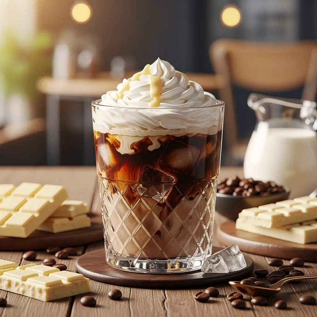 Close-up of iced white chocolate mocha with whipped cream and white chocolate drizzle on rustic wooden table