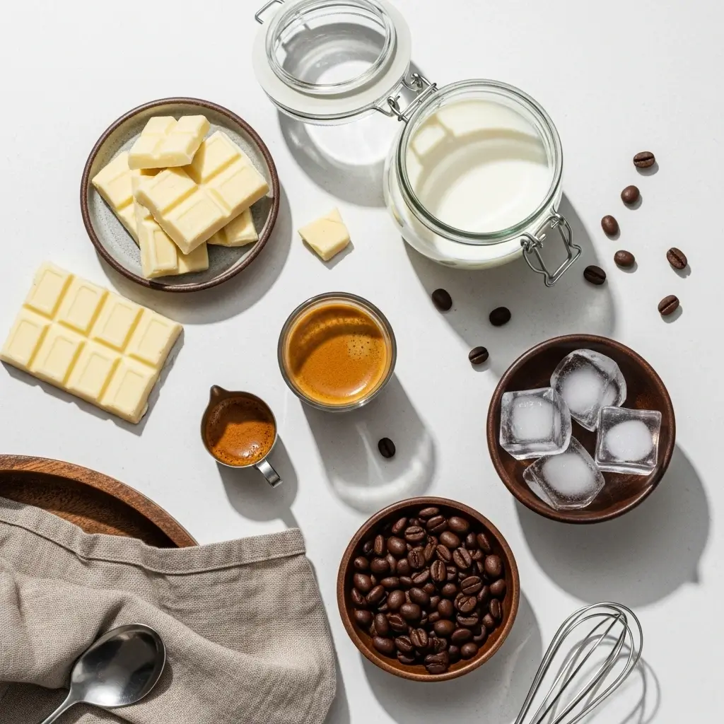 Flat lay of ingredients for iced white chocolate mocha including white chocolate chunks, espresso, milk, ice cubes, and coffee beans
