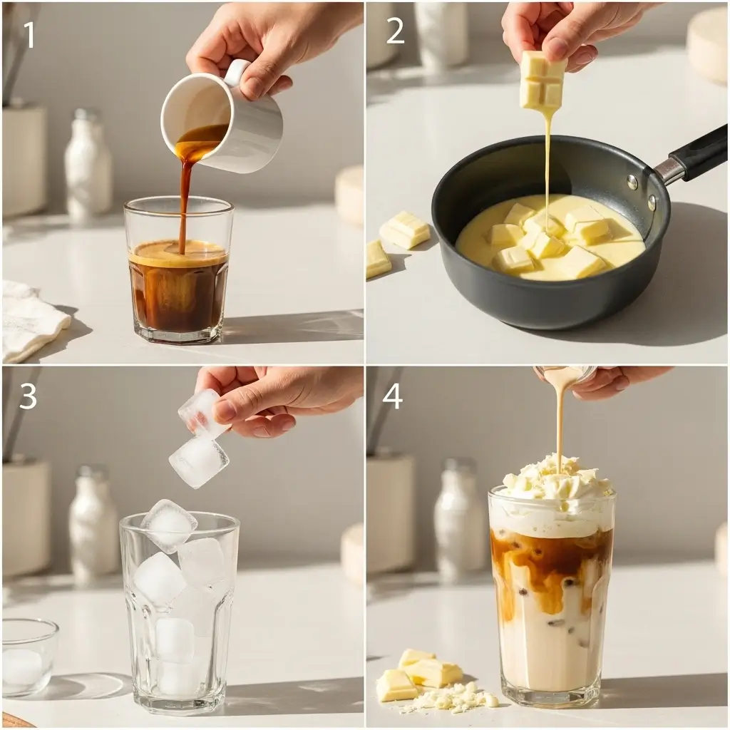 Step-by-step collage showing espresso pouring, white chocolate melting, ice in glass, and assembling iced white chocolate mocha