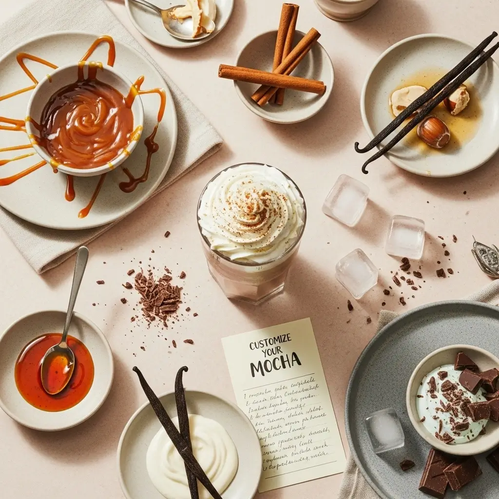Flat lay of iced white chocolate mocha with bowls of caramel, cinnamon, syrups, and chocolate shavings for customization