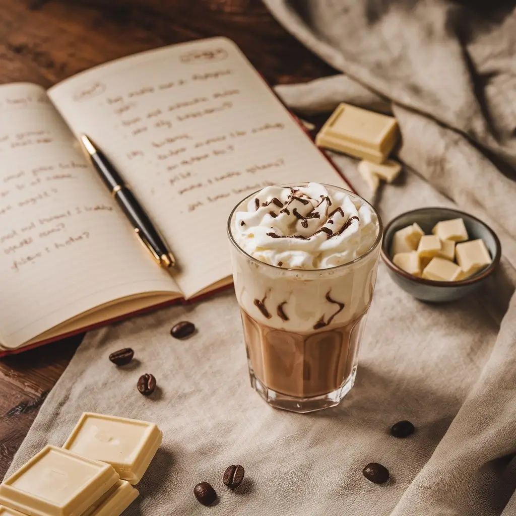 Iced white chocolate mocha next to a notebook with handwritten FAQ questions, coffee beans, and white chocolate pieces