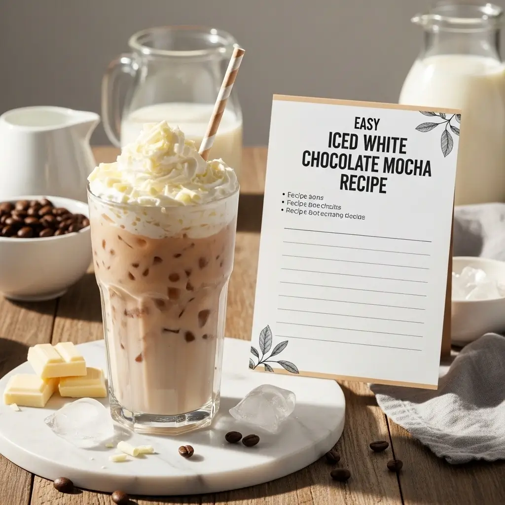 Iced white chocolate mocha with whipped cream next to an easy recipe card on a rustic surface