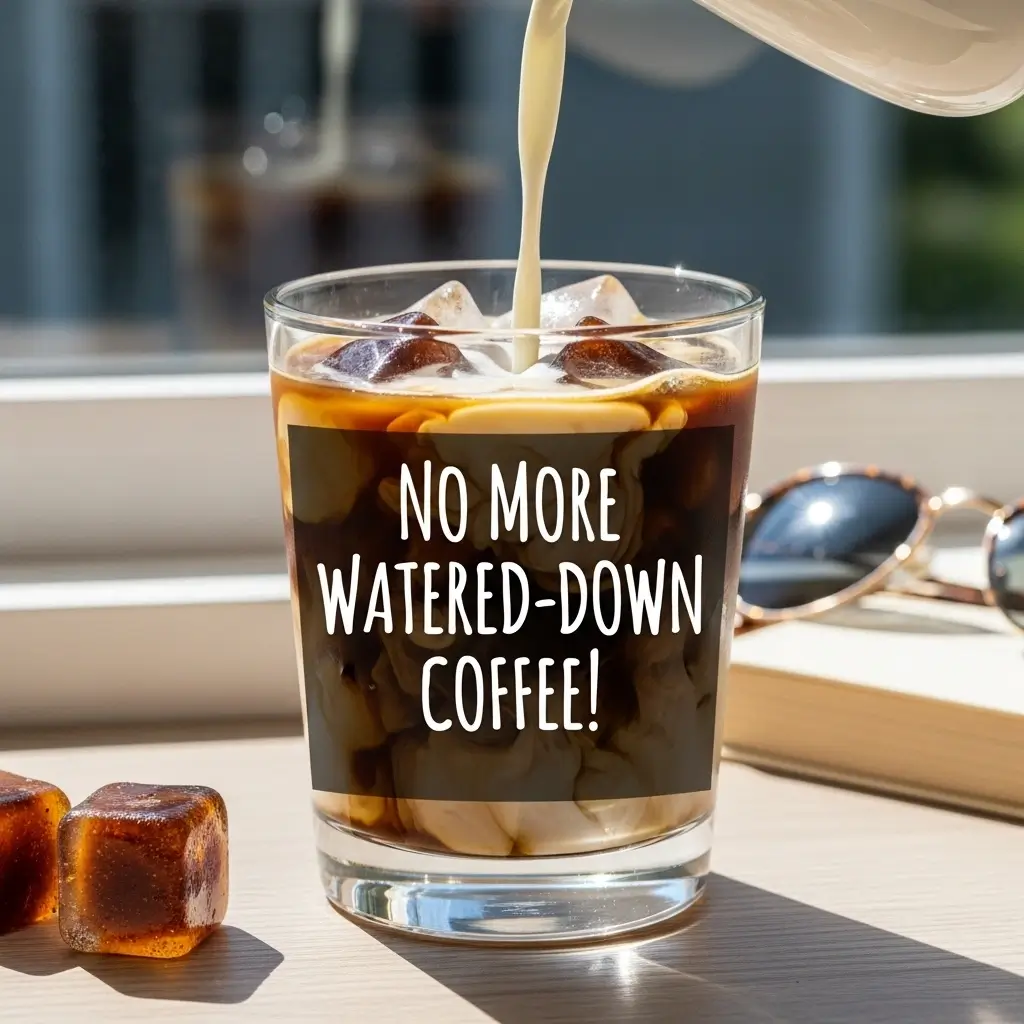 Glass of coffee ice cubes with milk being poured over and swirls forming, with a tag saying “No More Watered-Down Coffee!”