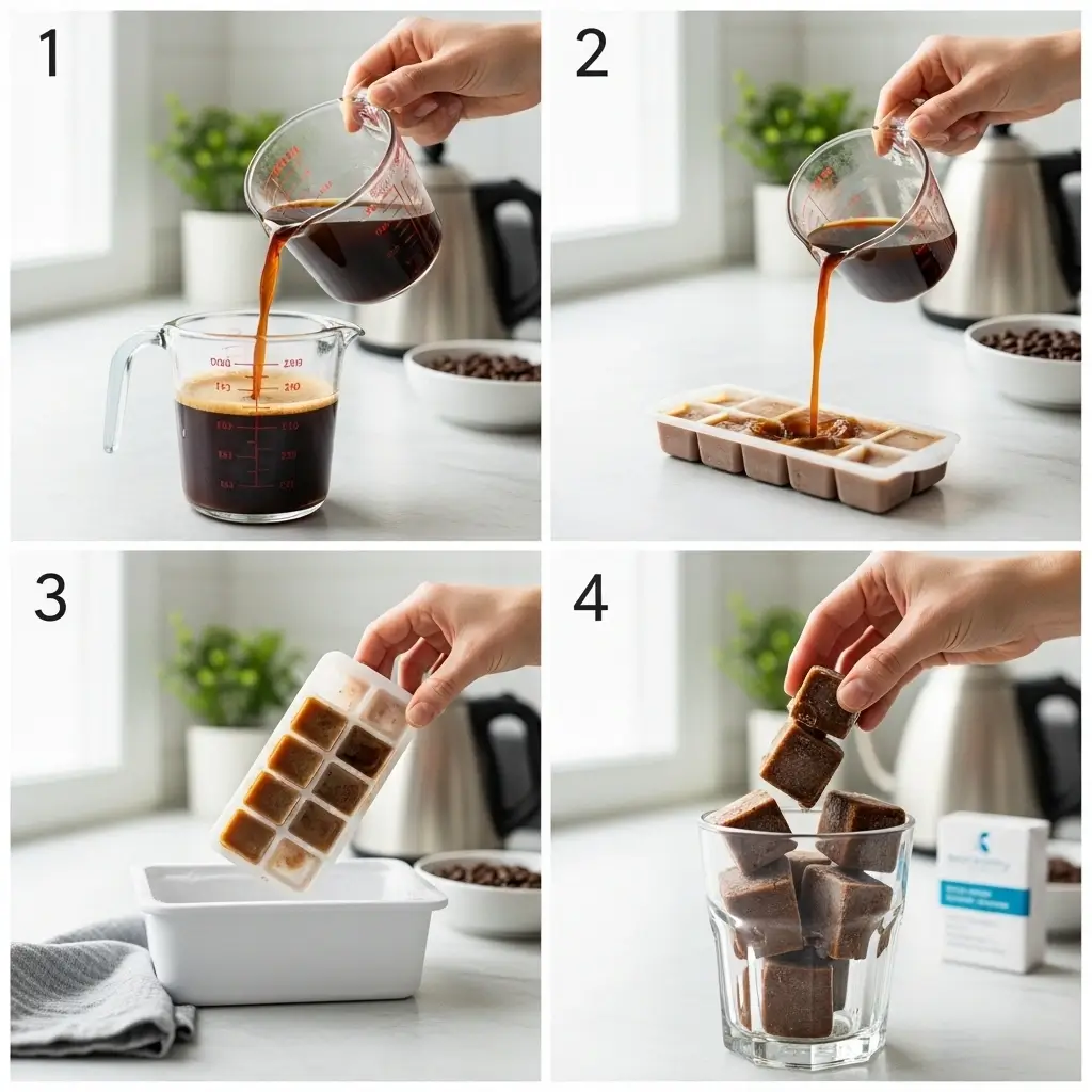 Step-by-step collage showing coffee being brewed, poured into ice trays, frozen, and added to a glass