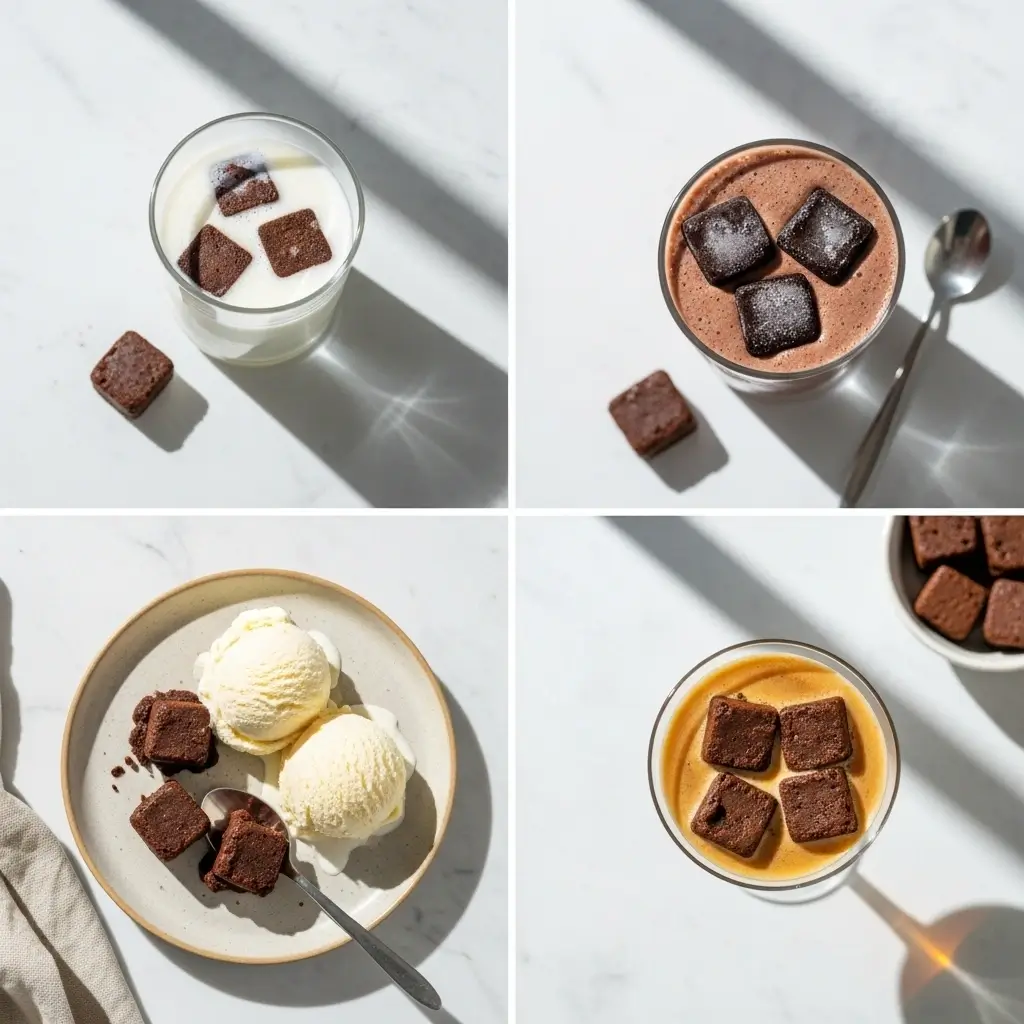 Flat lay showing creative uses of coffee ice cubes: in milk, smoothies, desserts, and cocktails with labeled cards