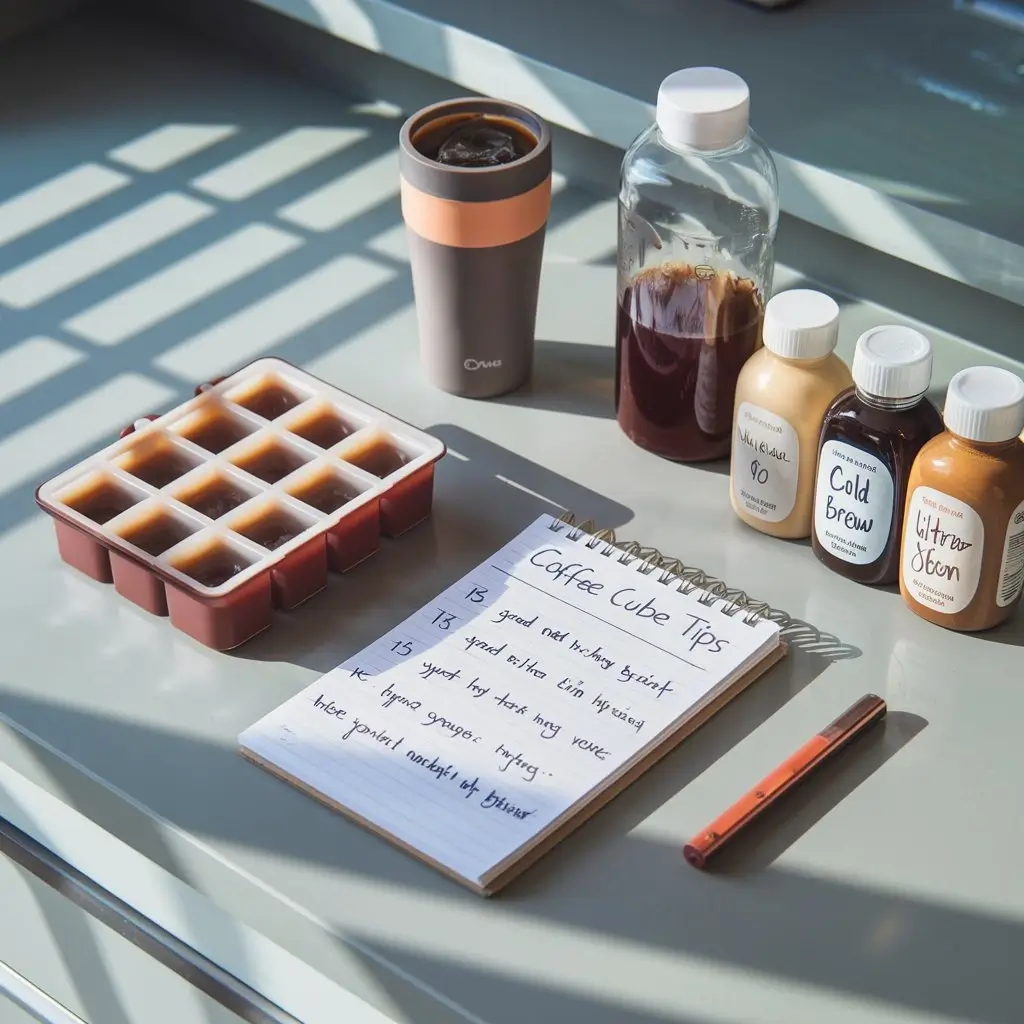 Coffee ice cube tray with tips written on notepad and labeled arrows showing tricks like freeze time and brew strength