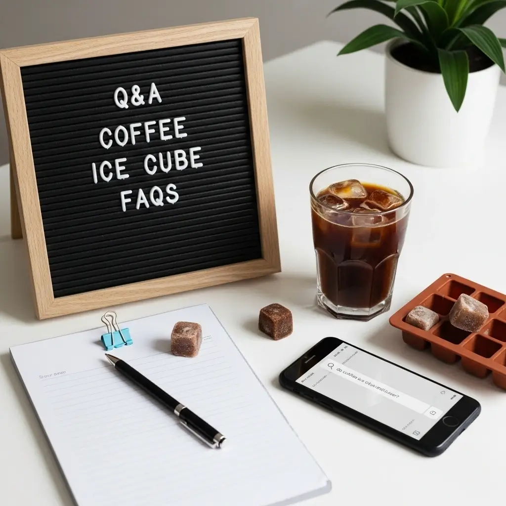 Iced coffee with coffee cubes next to a notepad titled “Coffee Ice Cube FAQs” and common questions written out