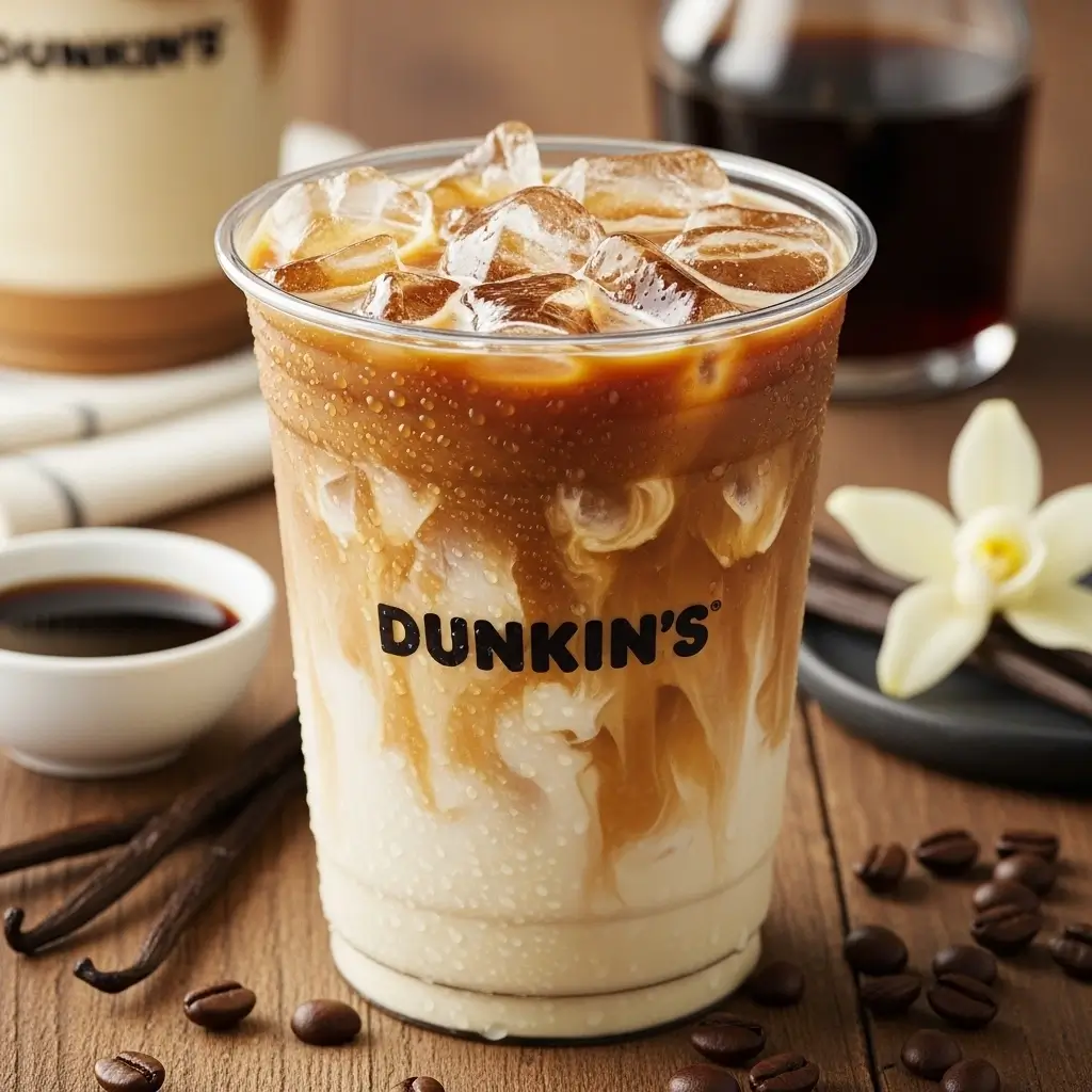 Close-up of Dunkin’s French vanilla iced coffee with creamy swirls and condensation on a rustic wooden surface with vanilla beans