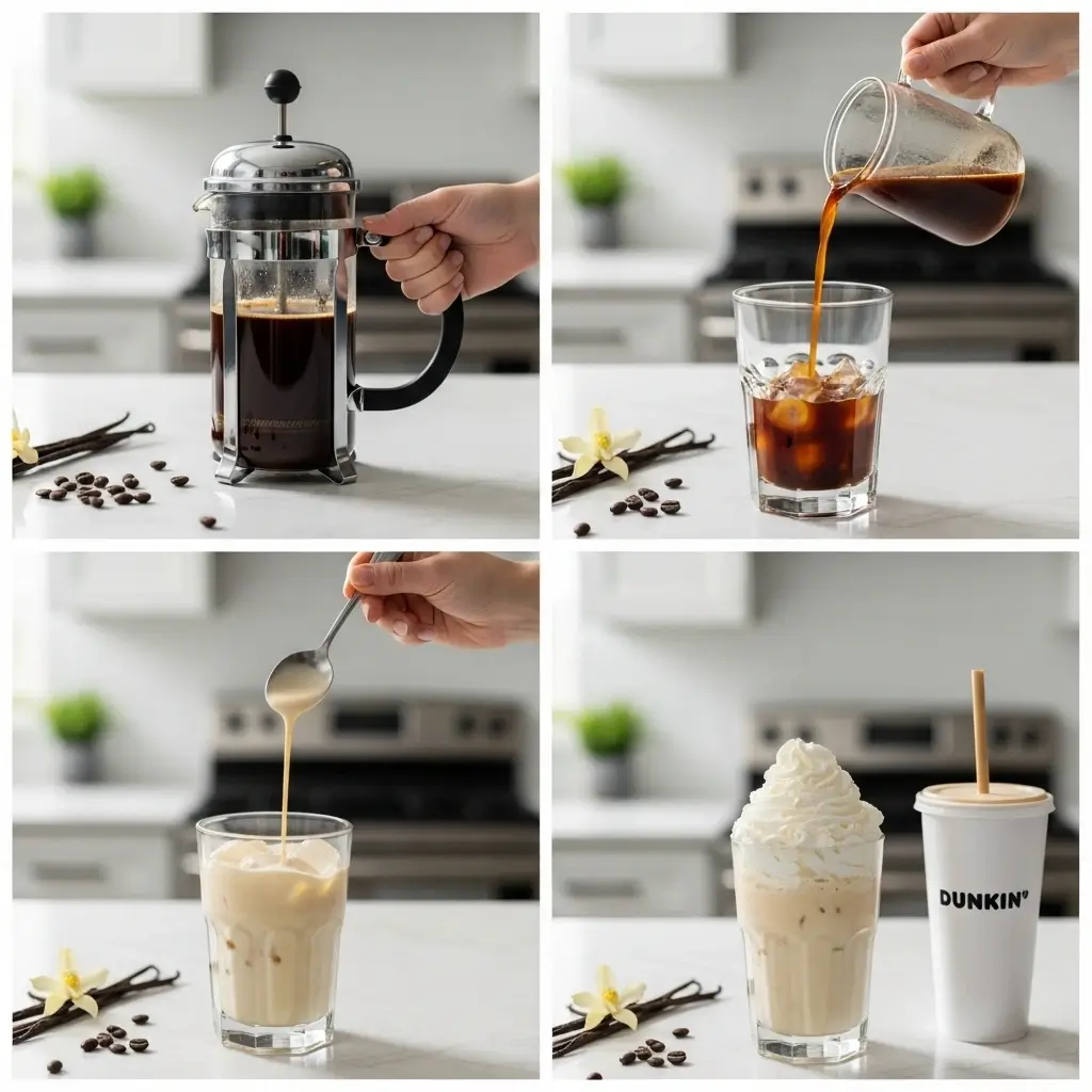 Four-step collage of brewing coffee, pouring over ice, adding vanilla syrup, and topping with whipped cream for homemade French vanilla iced coffee