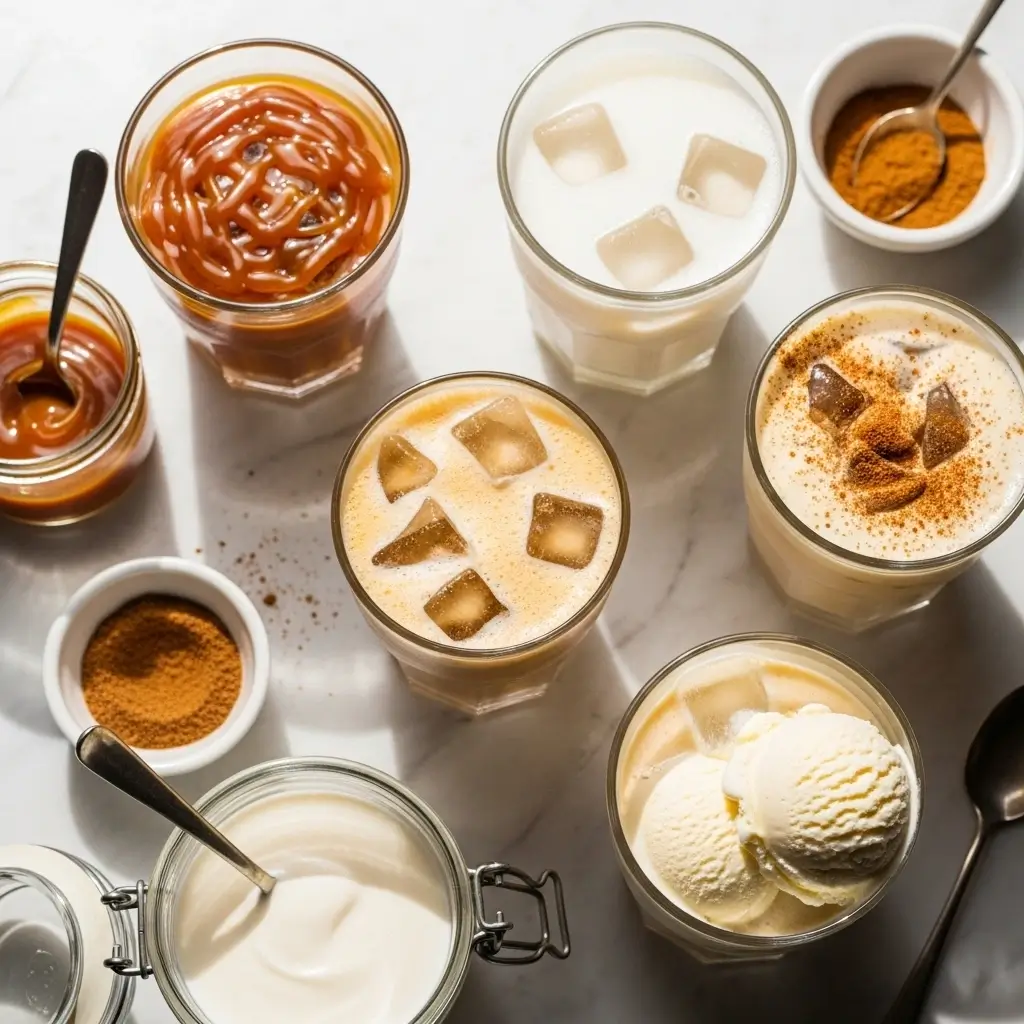 Flat lay showing multiple glasses of French vanilla iced coffee customized with caramel drizzle, almond milk, spices, and vanilla ice cream