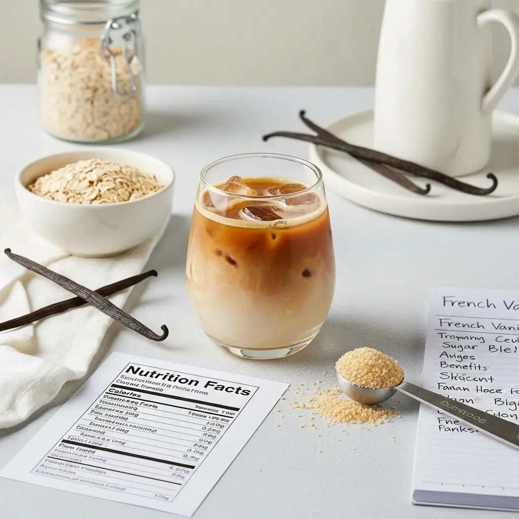 Glass of French vanilla iced coffee next to oats, vanilla pods, and a nutrition facts note on a clean white surface