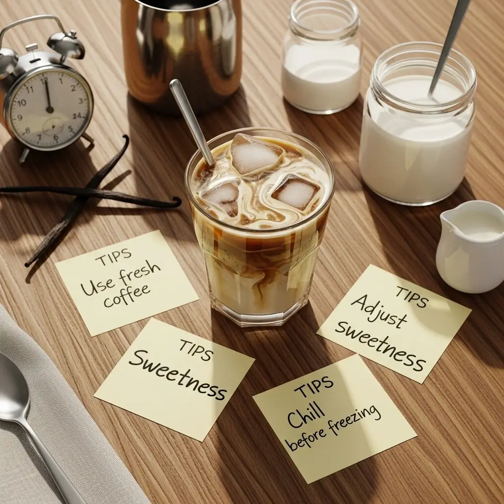 Flat lay of French vanilla iced coffee with tip cards, vanilla pods, and timer on a wooden table