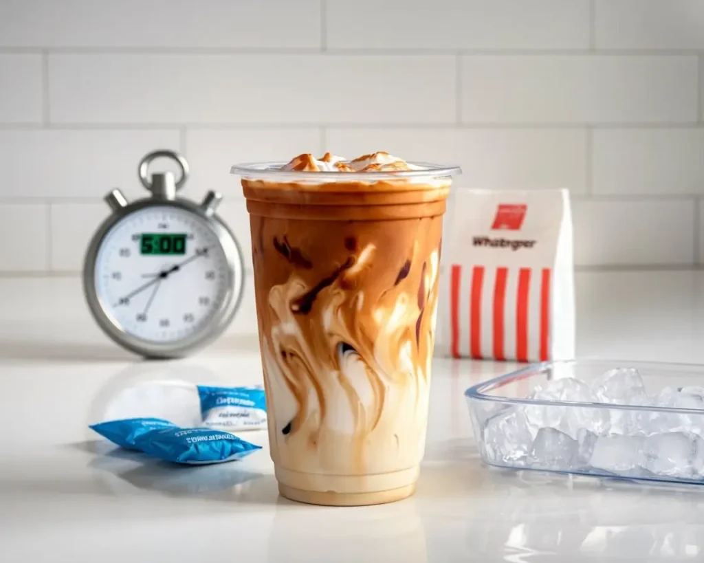 Fast-food style iced coffee in a plastic cup with creamer, sugar, and timer showing 5 minutes