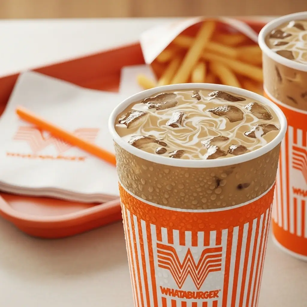 Two Whataburger-style iced coffee cups with creamy swirls and striped branding on a fast-food tray