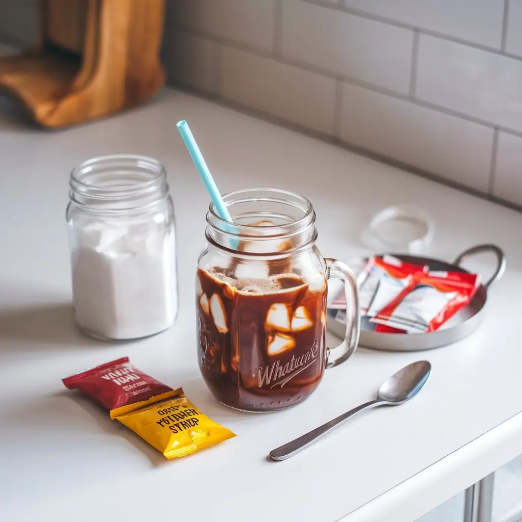 Flat lay of ingredients for homemade Whataburger iced coffee including coffee, creamer, sugar, and ice