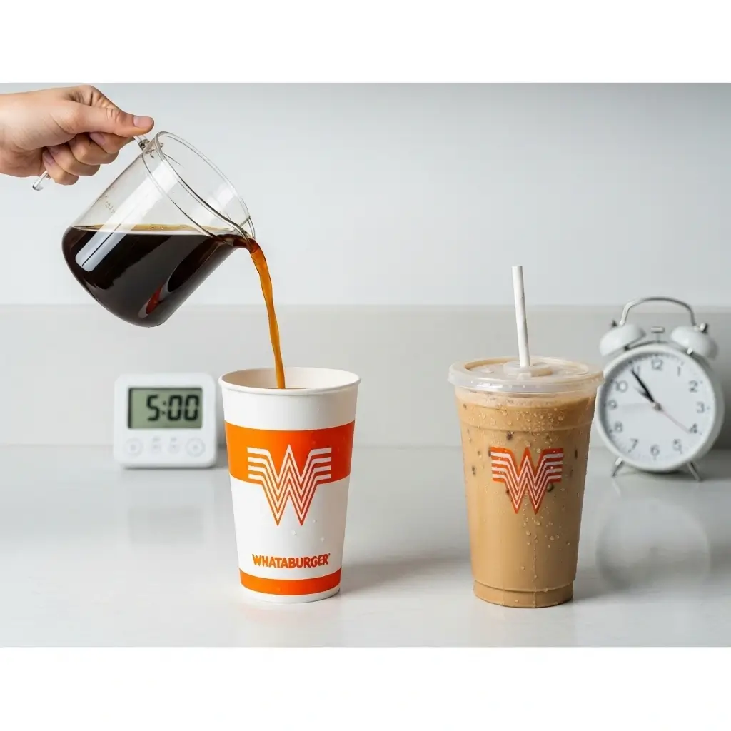 Step-by-step images of homemade Whataburger iced coffee being made in 5 minutes with creamer, ice, and brewed coffee