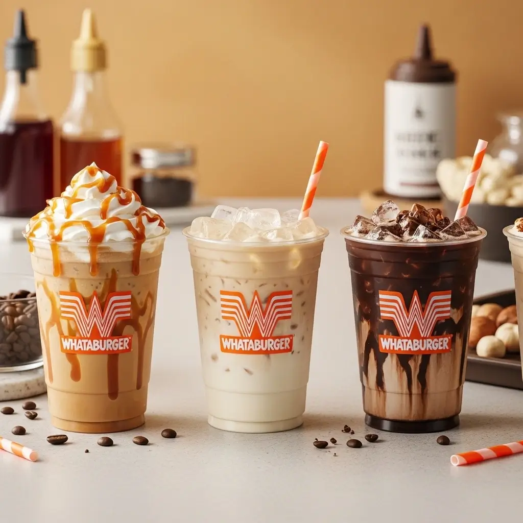 three iced coffee variations in Whataburger-style cups featuring caramel, mocha, vanilla, and hazelnut
