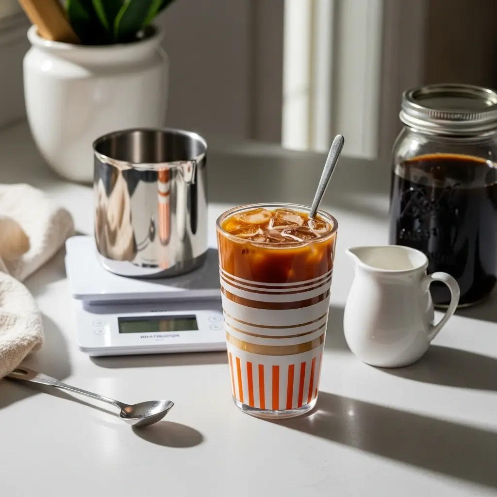 Homemade Whataburger-style iced coffee surrounded by brewing tools, creamer, and tips for perfection
