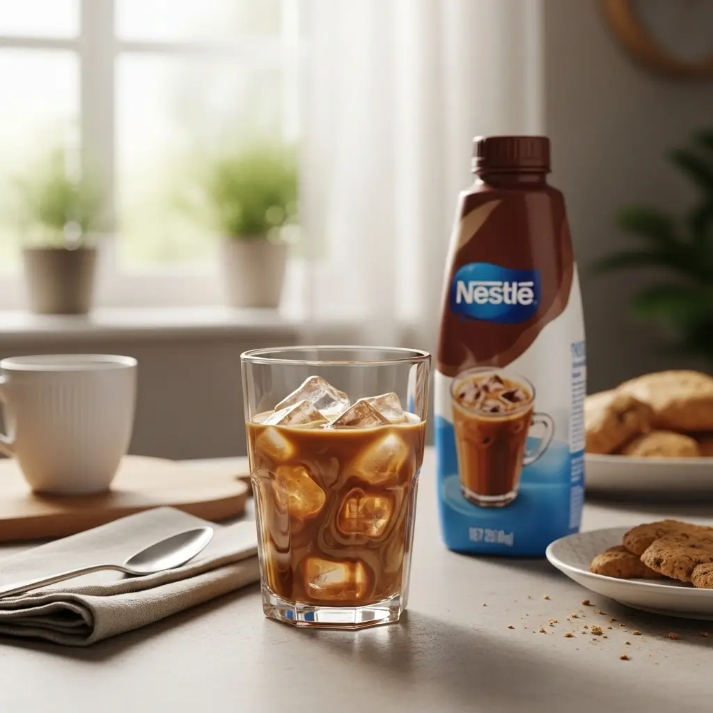 Glass of Nestle-style iced coffee with ice and creamer on a cozy kitchen table next to breakfast
