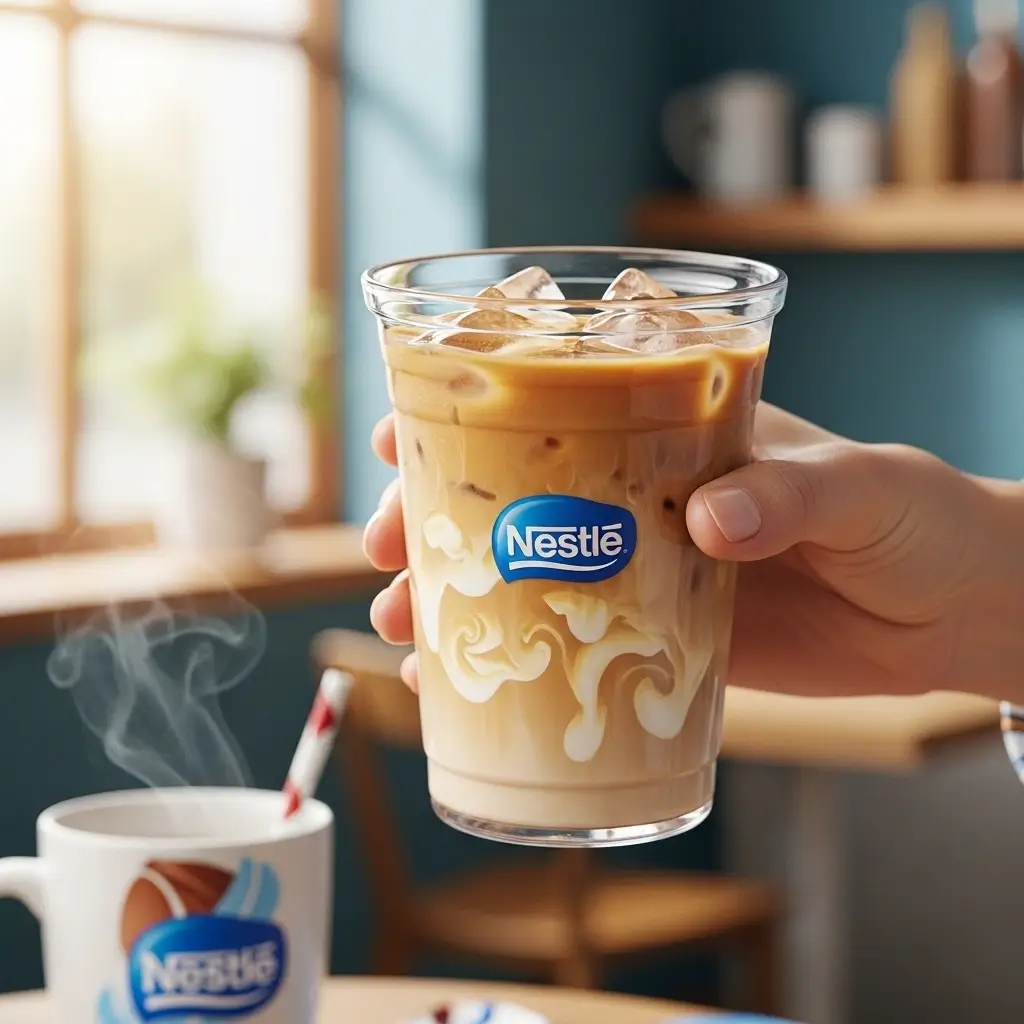 Hand holding Nestle-style iced coffee in a clear cup with ice, in a bright kitchen or café background