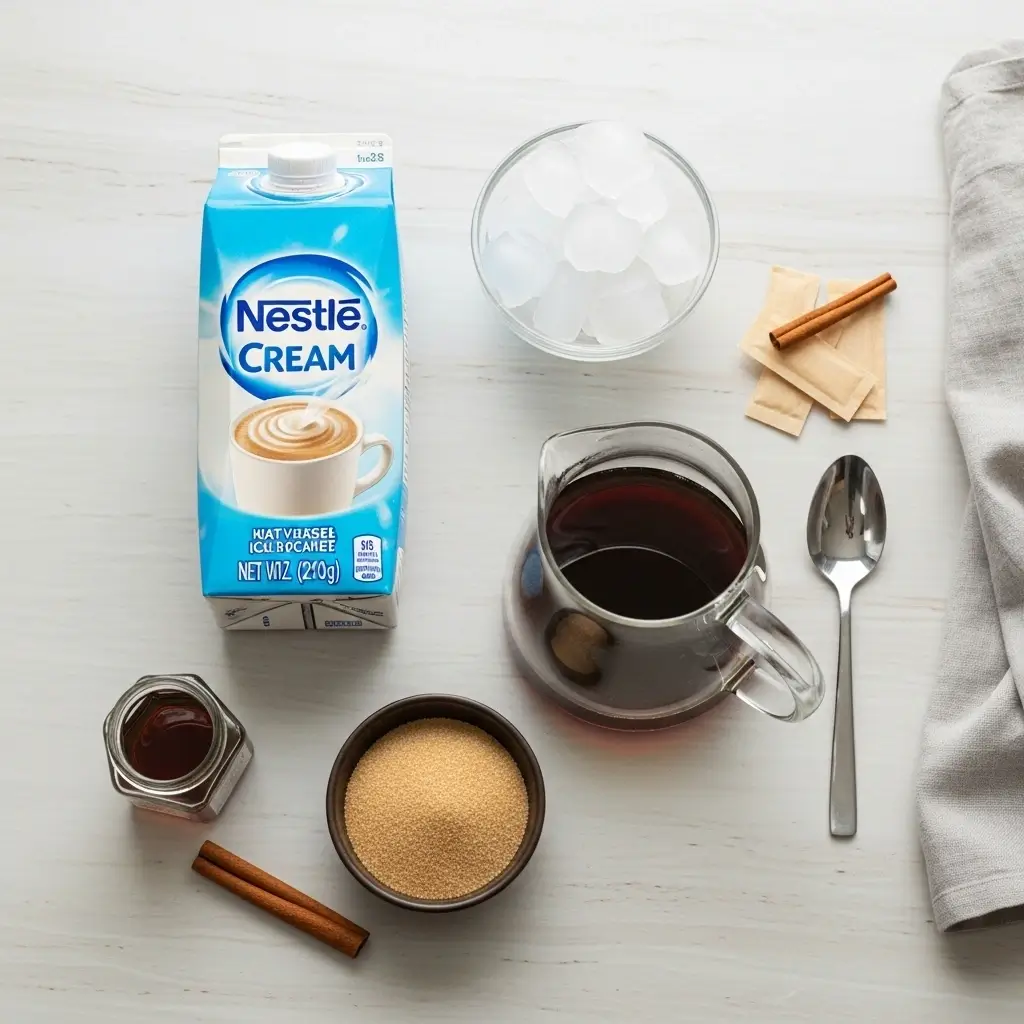 Flat lay of ingredients including creamer, brewed coffee, ice cubes, and sweetener for homemade Nestle iced coffee