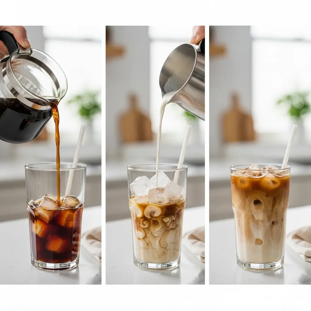 Step-by-step images showing how to make Nestle-style iced coffee with brewed coffee, ice, and creamer